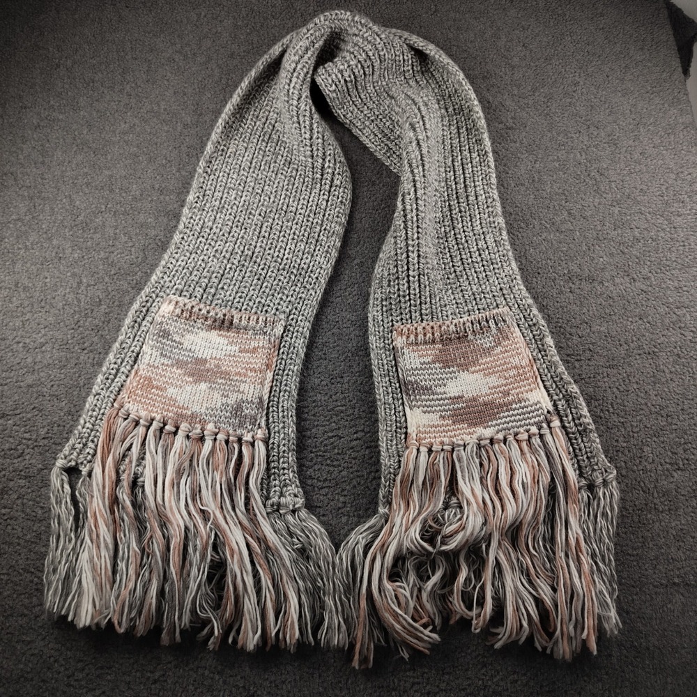 Anthropologie Grey Chunky Knit Pocket Scarf Fringe Ribbed Winter Wrap Luxury
